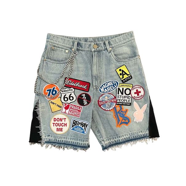 Men's Shorts Youth Trend Personalized Design Fashionable Patchwork Embroidered Waste Earth Style High Street Shorts_viptrois.com