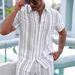 Men's Striped Print Short Sleeve Shirt And Shorts Set Casual 4-Way Stretch Lounge Wear_viptrois.com