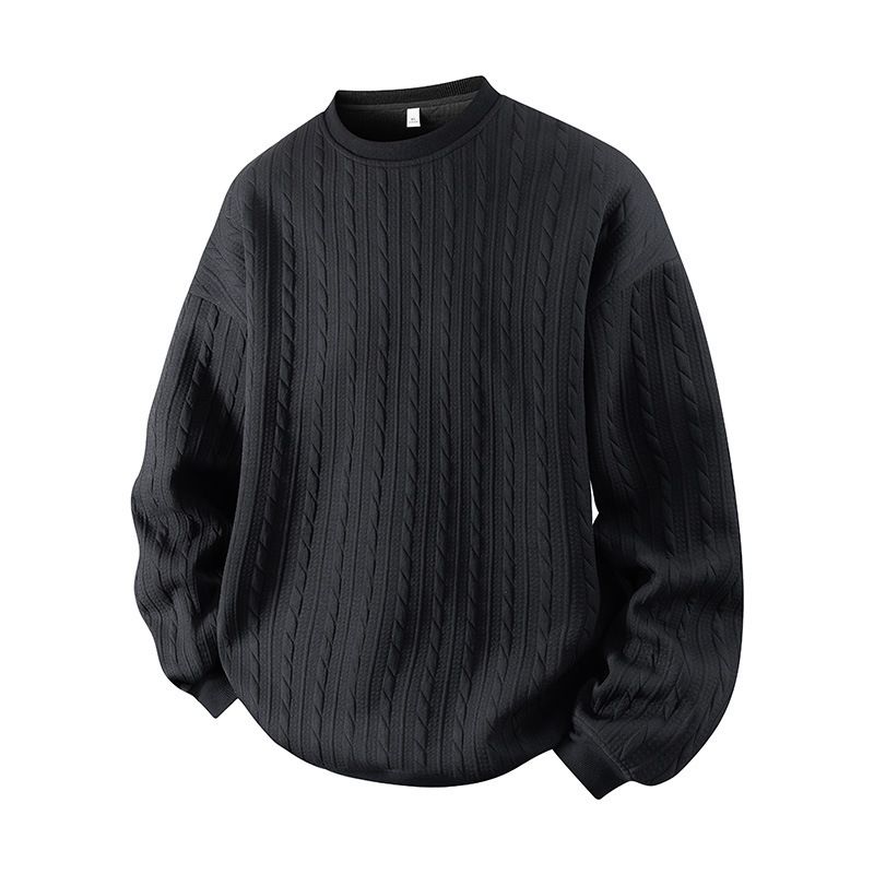 Men's Cable Knit Sweatshirt – Oversized Drop-Shoulder Crewneck With Jacquard Detailing (Black/Light Grey/White)_viptrois.com