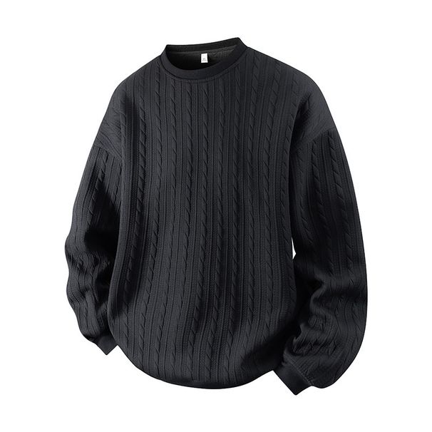 Men's Cable Knit Sweatshirt – Oversized Drop-Shoulder Crewneck With Jacquard Detailing (Black/Light Grey/White)_viptrois.com