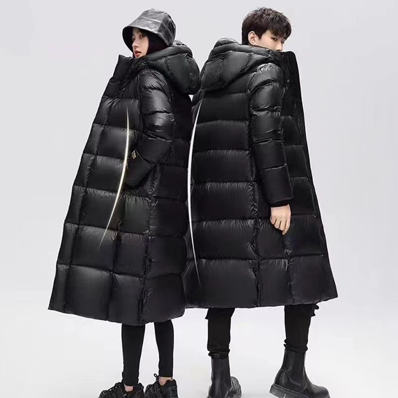 Couple Unisex 2023 New Shiny No Wash Black Gold Long Loose Knee High Thick White Duck Down Jacket Trendy_viptrois.com