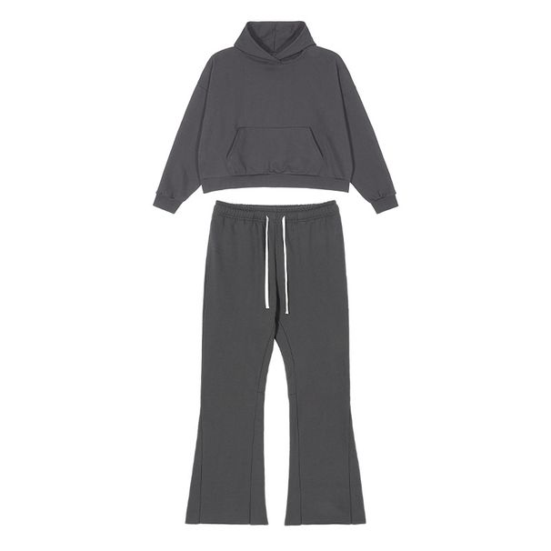 Men's Clothing High Quality Solid Color Loose Short Sweater Suit Autumn And Winter Trendy Brand Heavy Cotton Bell Bottom Pants Suit_viptrois.com