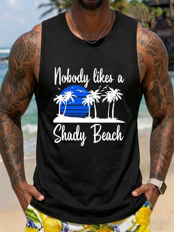 Canotta Uomo Girocollo 100% Cotone Stampa Palme Spiaggia Morbida Traspirante Senza Maniche Vacanze Uso Quotidiano Estivo Multicolore_viptrois.com