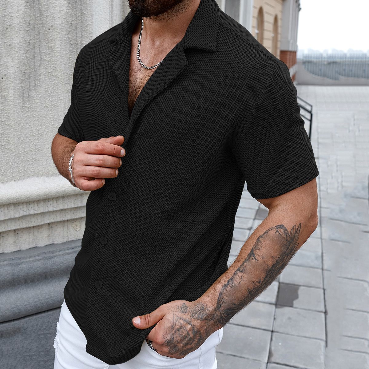 Men's Clothing Summer New Loose Solid Color Casual Short Sleeved Cardigan Shirt Tops Men's Clothing_viptrois.com
