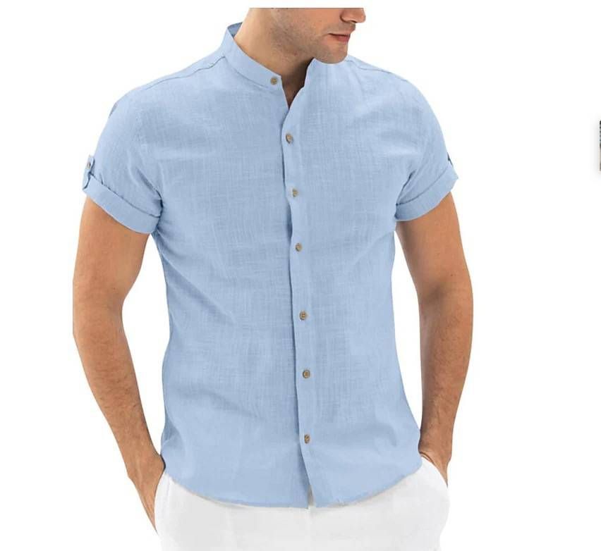 2025 New Style Men's Cardigan With Stand Collar, Short-sleeved Shirt, Cotton And Linen, For Men_viptrois.com