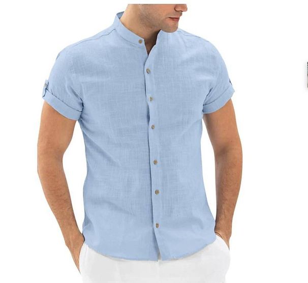 2025 New Style Men's Cardigan With Stand Collar, Short-sleeved Shirt, Cotton And Linen, For Men_viptrois.com