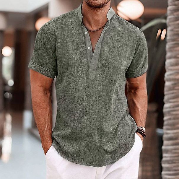 Men's Clothing Half Sleeved Men's Shirt Summer Solid Color Stand Up Collar Men's Half Cardigan Cotton And Linen Short Sleeved_viptrois.com