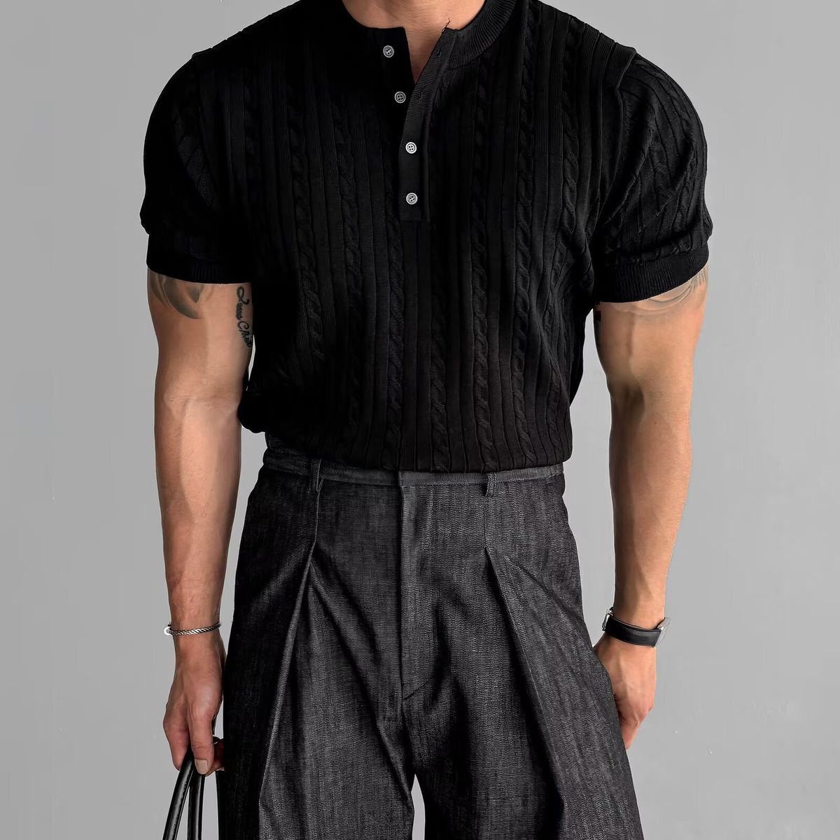 Men's Retro Striped Henley T-Shirt - Breathable Short Sleeve Knit Tee For Summer | Slim Fit Casual Top (Black/White, M-3XL)_viptrois.com