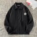 Unisex Casual Jacket – Korean-Inspired Oversized Workwear Coat, Stand Collar Zip-Up Outerwear (Black/Beige Wrinkle-Free Polyester Blend)_viptrois.com