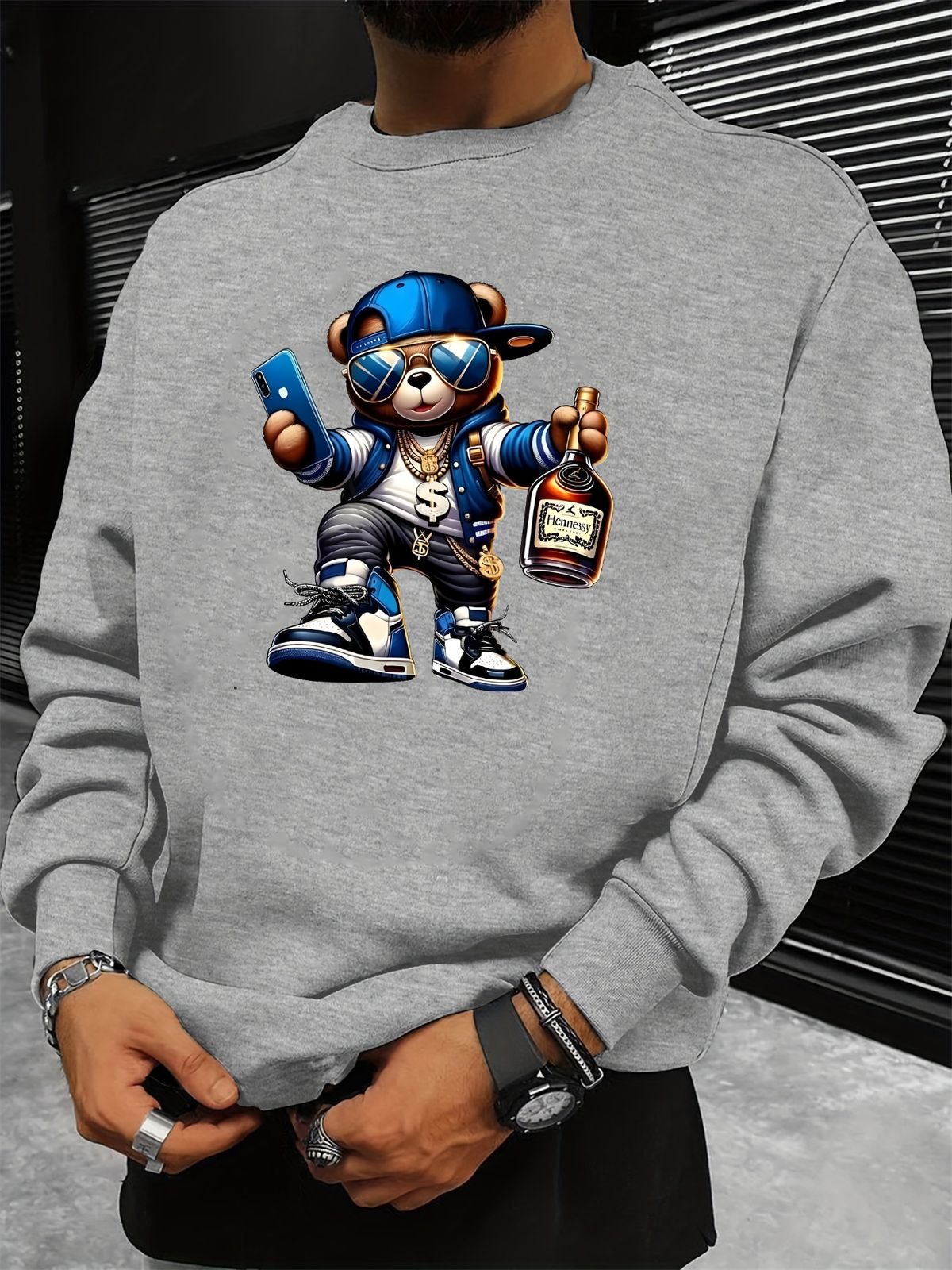Men's Loose Casual Fashionable Cool Bear Pattern Printed Round Neck Long Sleeved Sweatshirt For Autumn And Winter_viptrois.com