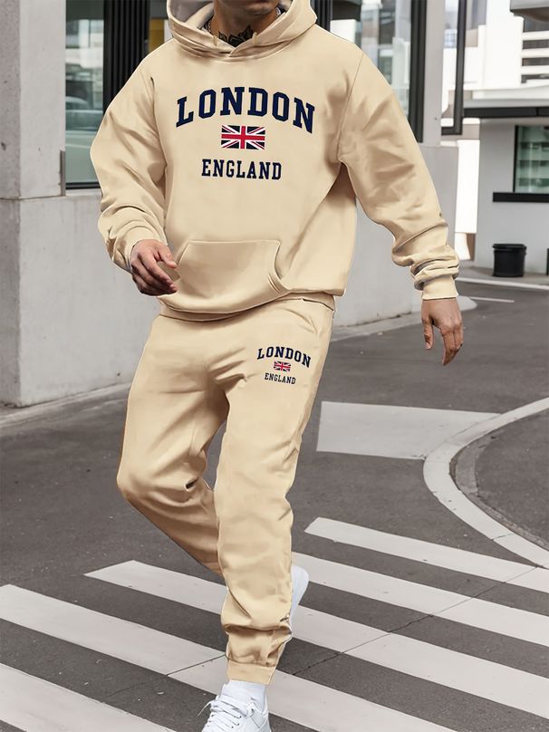 Men's Autumn And Winter Casual Fashion London Pattern Print Loose Suede Thick Hooded Sweatshirt+sports Pants Set_viptrois.com