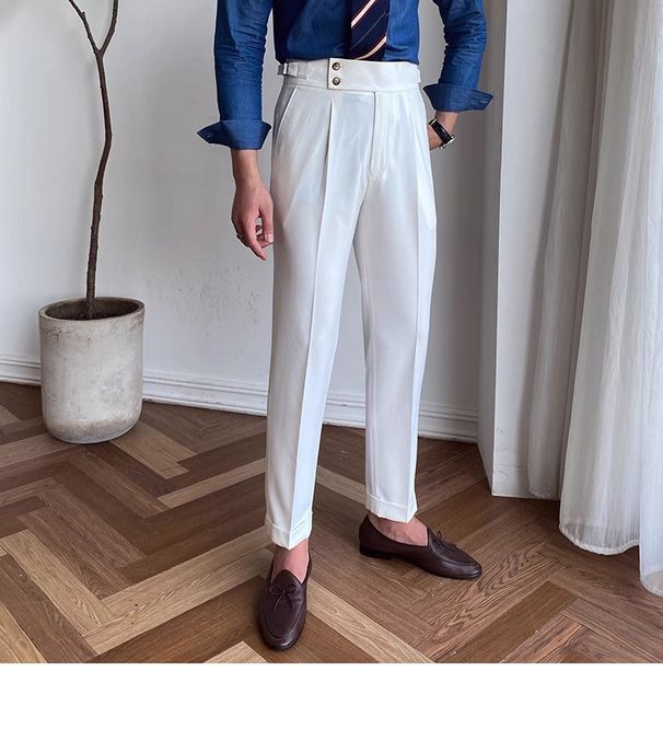 Men's Neapolitan Casual Trousers High Waist Straight Leg Business Style Sophisticated Stylish Wrinkle Free Parisian Button_viptrois.com