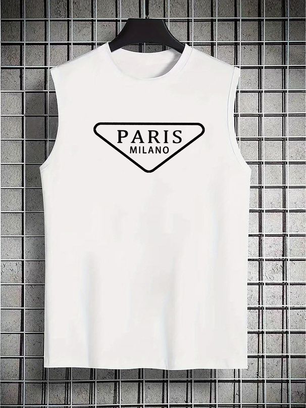 100% Pure Cotton Men's Summer Casual Sports Fitness Loose Paris Pattern Printed Breathable Round Neck Sleeveless Vest_viptrois.com
