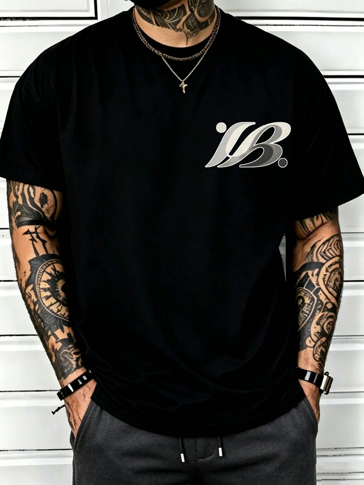 100% Cotton Men Oversized T-shirt Gradient IB Monogram Print Crew Neck Short Sleeve Streetwear Tee_viptrois.com