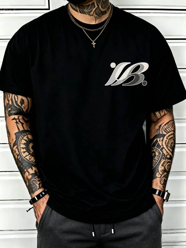 100% Cotton Men Oversized T-shirt Gradient IB Monogram Print Crew Neck Short Sleeve Streetwear Tee_viptrois.com
