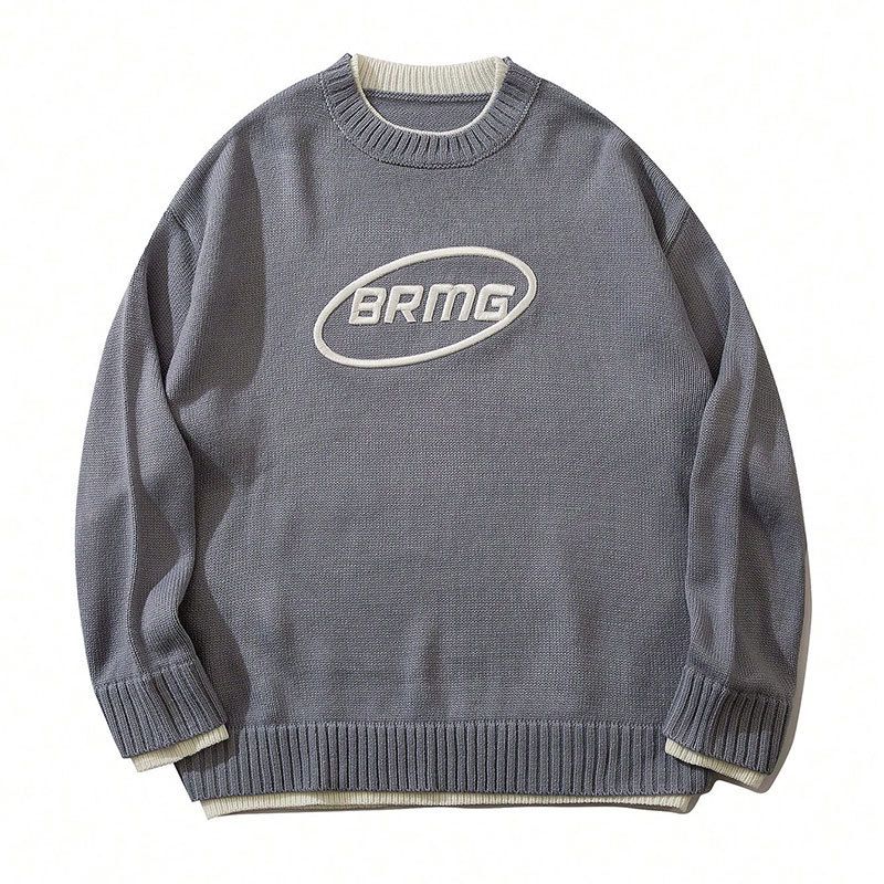 Embroidered Logo Sweater – Unisex Couple’s Knit Top With Faux Layered Design (Black/Gray/Blue, S-XL)"_viptrois.com