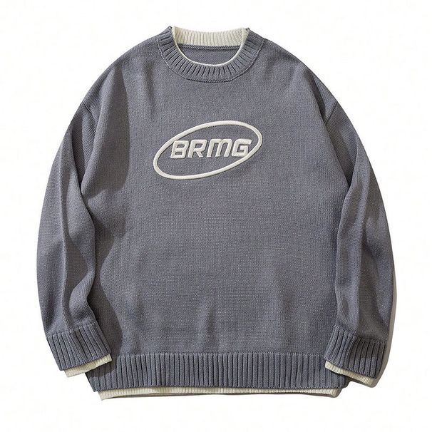 Embroidered Logo Sweater – Unisex Couple’s Knit Top With Faux Layered Design (Black/Gray/Blue, S-XL)"_viptrois.com