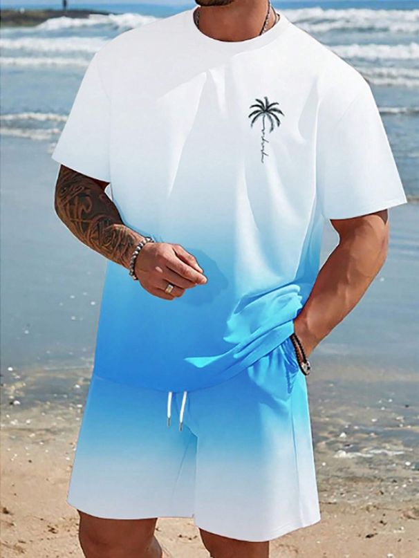 Men's Gradient Print Short Sleeve T-Shirt And Shorts Set, Summer Casual Streetwear Outfit, Soft Breathable Polyester Blend, Multiple Colors_viptrois.com