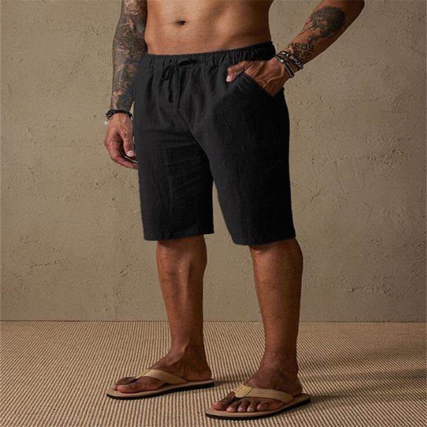 Men's Summer Linen Cotton Drawstring Casual Beach Shorts - Breathable, Relaxed Fit, Elastic Waistband, Multiple Pockets_viptrois.com