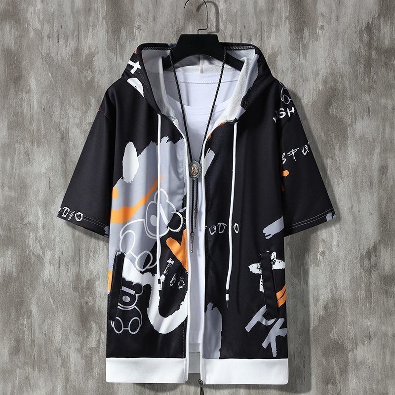 Summer Trendy Men's Zipper Hooded Sweater Short-sleeved Jacket Top Student Class Uniform Sports And Leisure Shirt 1/2 Piece_viptrois.com