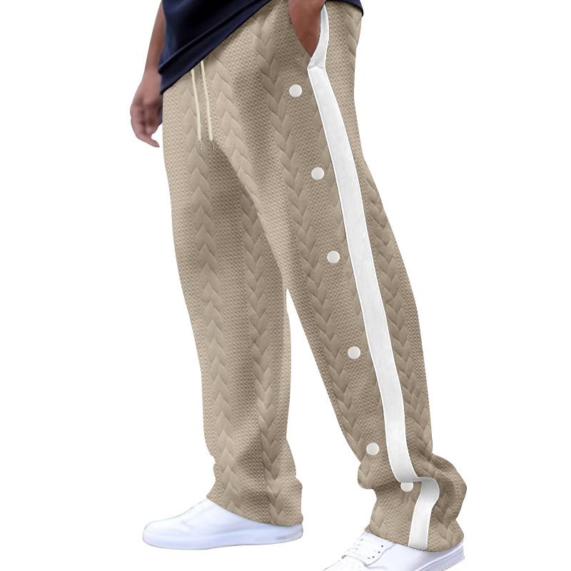 Men's Color-Block Casual Pants Loose Fit Jacquard Button Front Wide Leg Trousers Drapey Style for Autumn_viptrois.com