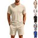 Men's Waffle Knit Short Sleeve T-Shirt & Shorts Set, Summer Casual Comfort Fit Loungewear, Breathable Polyester Two-Piece Outfit_viptrois.com
