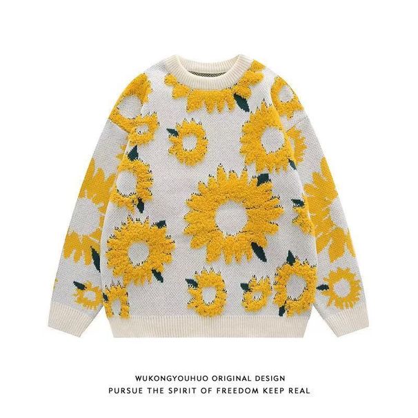 Chrysanthemum jacquard knitted men's autumn trendy brand ins loose round neck casual warm sweater jacket_viptrois.com