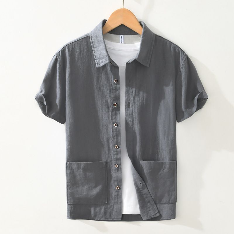 Men's Clothing Casual Artistic Simple Large Size Breathable Cotton And Linen Shirt Ramie Shirt Lapel Short Sleeve_viptrois.com
