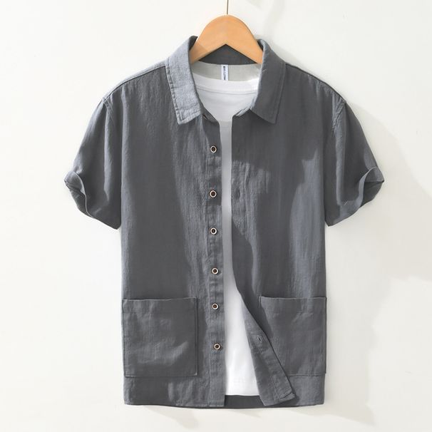 Men's Clothing Casual Artistic Simple Large Size Breathable Cotton And Linen Shirt Ramie Shirt Lapel Short Sleeve_viptrois.com