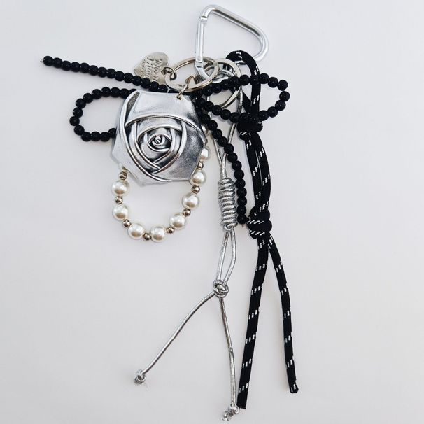 Bag Pendant Woven Rope Leather Keychain Rose Bow Pearl Chain Pendant_viptrois.com
