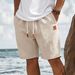 Men's Straight Leg Linen Beach Pants Summer Casual Sports Shorts Mid Length With Leather Trim Loose Fit Five Point_viptrois.com