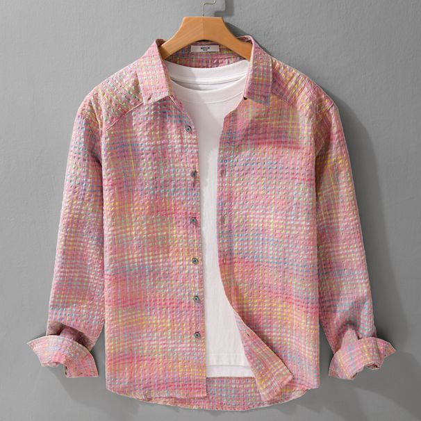 Trendy Loose Chiffon Checkered Shirt For Men With A Cross Cut Silhouette In Spring And Autumn, Long Sleeved Shirt_viptrois.com