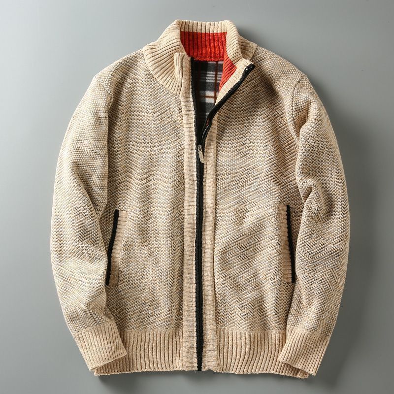 Men's Clothing Stand Up Collar Knitted Cardigan Plus Velvet Men's Stand Collar Knit Cardigan Fleece Lined Thick Warm Casual Versatile Sweater Jacket_viptrois.com