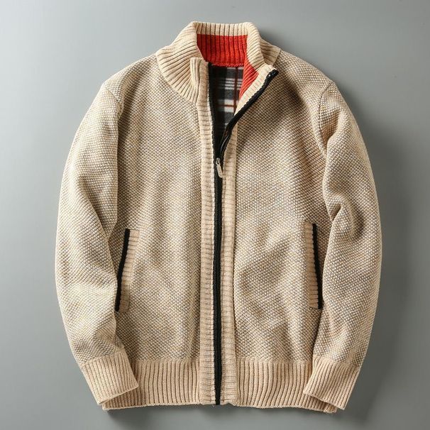 Men's Clothing Stand Up Collar Knitted Cardigan Plus Velvet Men's Stand Collar Knit Cardigan Fleece Lined Thick Warm Casual Versatile Sweater Jacket_viptrois.com