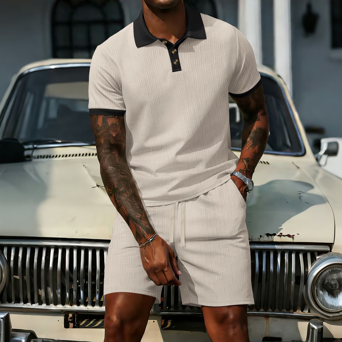 Men's Jacquard Polo & Shorts Set – Premium Breathable Polyester Summer Outfit With Contrast Collar (S-Xxxl, White/Grey/Black/Khaki/Light Blue)_viptrois.com