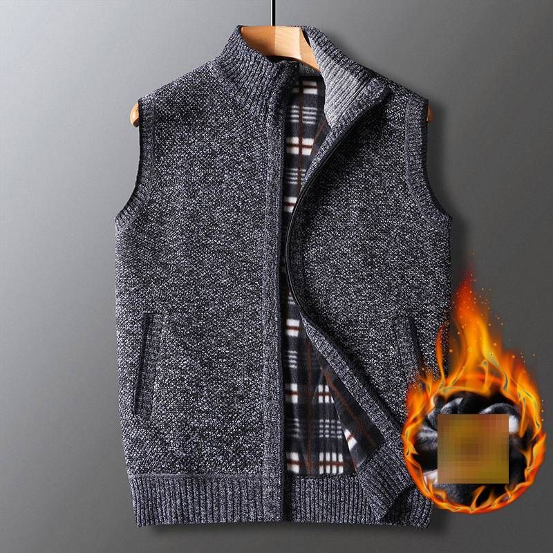Men's Thick Knit Vest Cardigan For Winter - Warm Fleece Lined Sleeveless Sweater, Breathable & Comfortable, Suitable For Middle-Aged & Seniors_viptrois.com