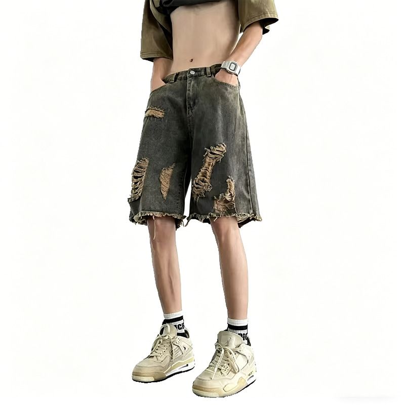 Men's Distressed Denim Shorts - Ripped Raw Hem 5-Inch Inseam Baggy Fit High Street Fashion Summer Casual Shorts_viptrois.com
