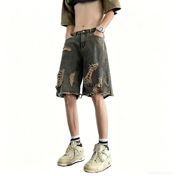Men's Distressed Denim Shorts - Ripped Raw Hem 5-Inch Inseam Baggy Fit High Street Fashion Summer Casual Shorts_viptrois.com