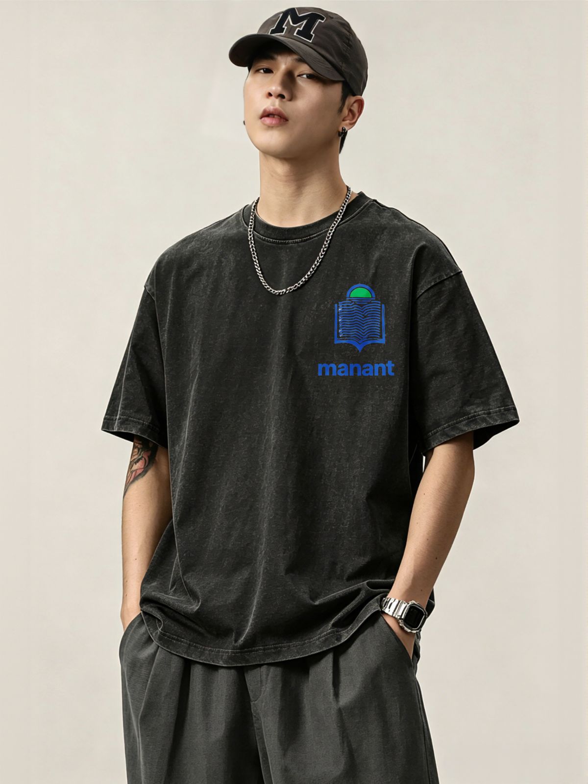 230g Washed Men Casual Tee Blue Open Book Green Sun Manant Letter Print Short Sleeve Loose Daily Streetwear T-Shirt_viptrois.com