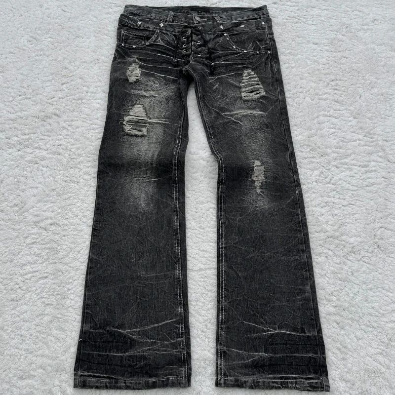Men's Clothing Retro Double Waist Tie Flared Jeans Street Washed Old Hole Mopping Pants_viptrois.com