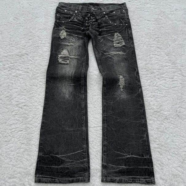 Men's Clothing Retro Double Waist Tie Flared Jeans Street Washed Old Hole Mopping Pants_viptrois.com