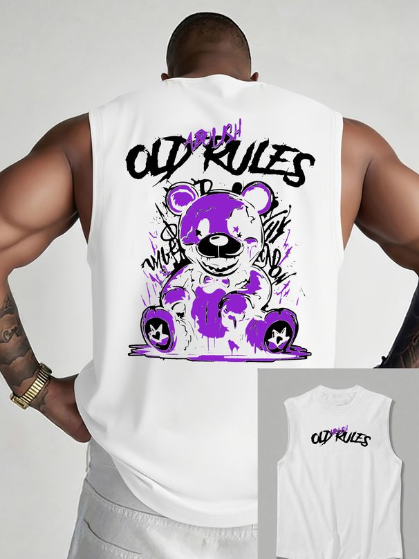100% Pure Cotton Men's Summer Casual Sports Fitness Loose Black Teddy Bear Pattern Printed Breathable Round Neck Sleeveless Vest_viptrois.com