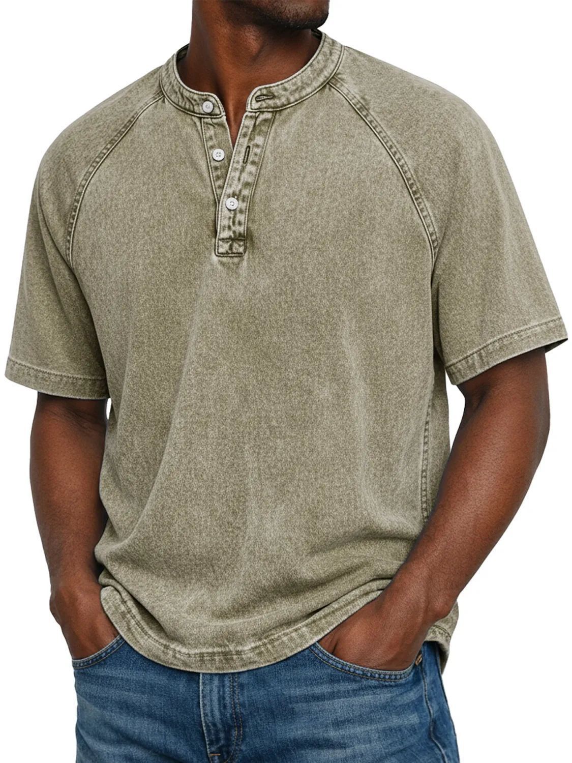 Men's Distressed Washed Henley Shirt – Long Sleeve Slim Fit Pullover, Casual Spring/Summer Top (Multiple Colors, Sizes S-4XL)_viptrois.com