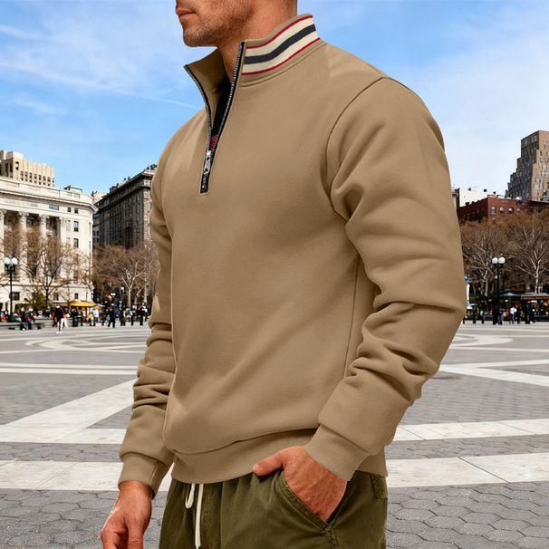 Men's Half-Zip Ribbed Stand Collar Sweatshirt - Casual Loose Pullover Fleece-Lined Hoodie For Winter & Autumn_viptrois.com