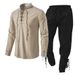 Men's Clothing Long Sleeve New European Size Cotton And Linen Henry Shirt Casual Beach Stand Collar Shirt Solid Color Two Piece Suit Spot Men_viptrois.com
