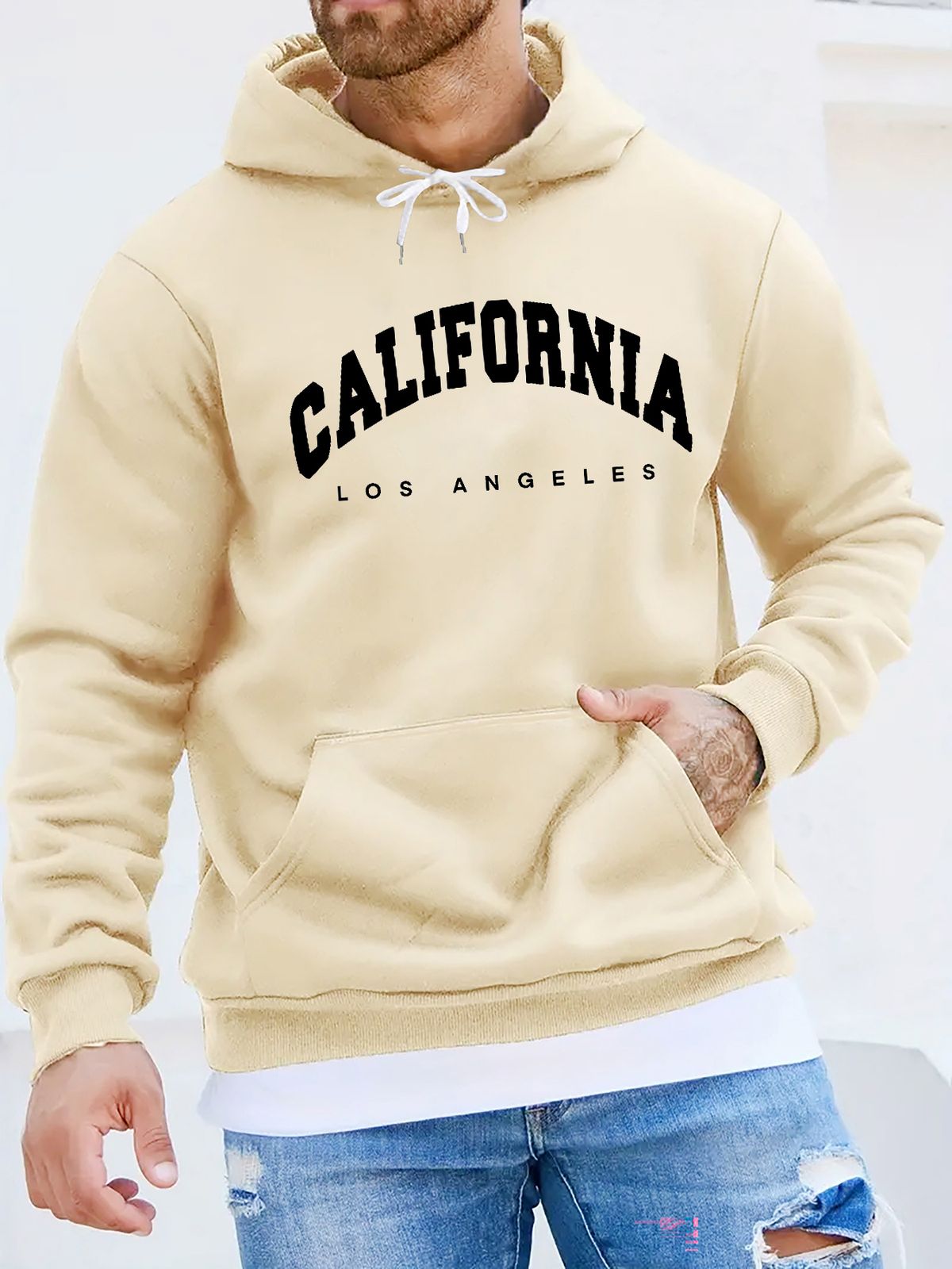 Men's Autumn And Winter Casual Fashionable Loose Hooded Sweatshirt With California Letter Pattern Printed Warm Long Sleeved Pullover_viptrois.com