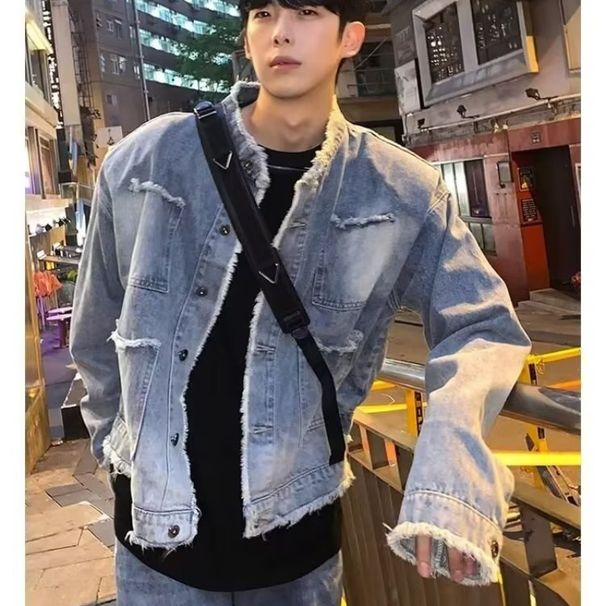 Spring Autumn New Korean Street Trendy Brand Stand Up Jacket, Washed And Used Cowboy Coat, Ins Men's_viptrois.com