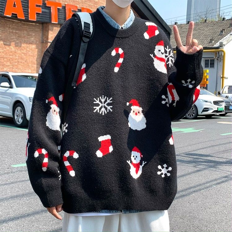 Pure Vintage Santa Claus Sweater For Men Korean Style Loose Knit Cardigan Autumn Versatile Couple Outfit Casual Top_viptrois.com