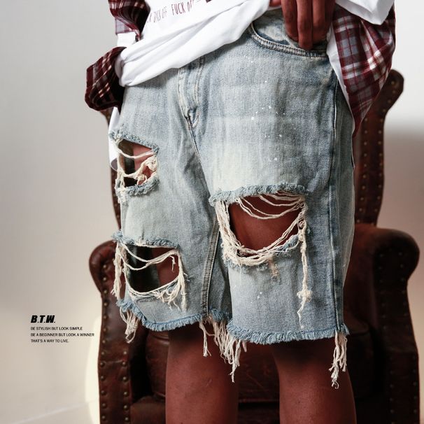 Men's Clothing Street Fashion Summer Ripped Shorts Hip Hop Raw Edge Beggar Denim Shorts_viptrois.com