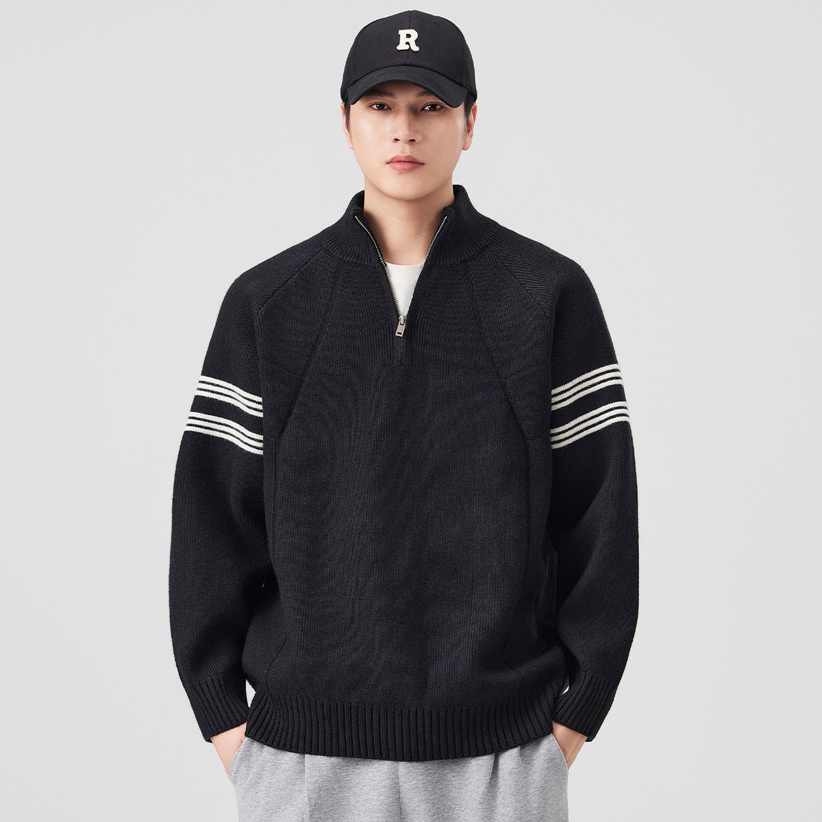 Retro Stand Collar Zip-Up Knit Sweater – Unisex Streetwear Pullover (M-3XL, Relaxed Fit, Vintage Aesthetic)_viptrois.com